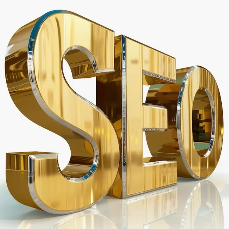 3D słowo SEO z metalicznymi literami w kolorach żółtym i niebieskim