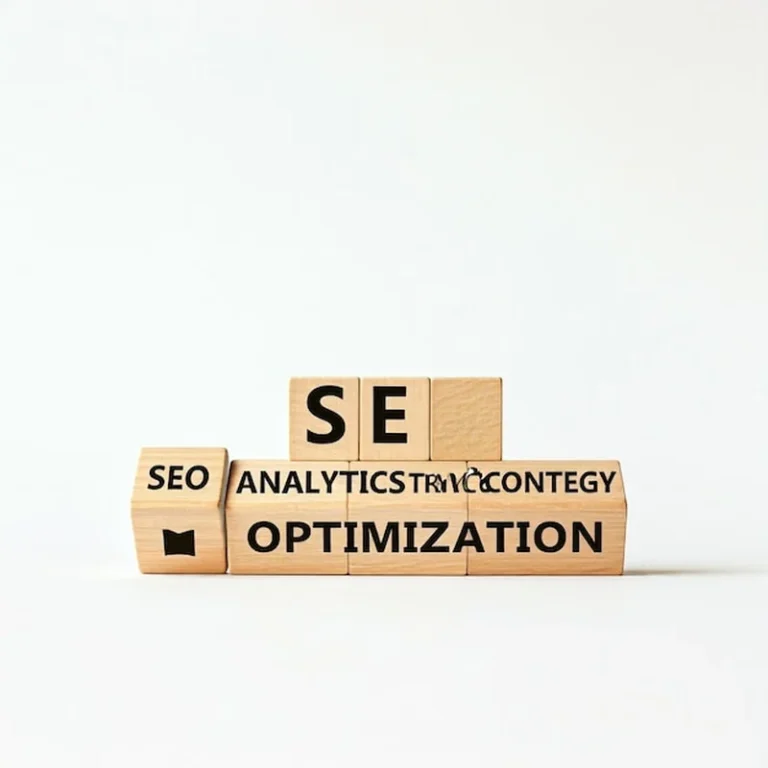 Konceptualna analiza SEO z drewnianymi blokami z słowami