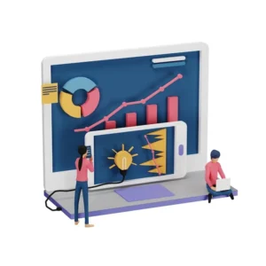 3D render małych ludzi na stole z komputerem. Marketing cyfrowy dla mediów społecznościowych