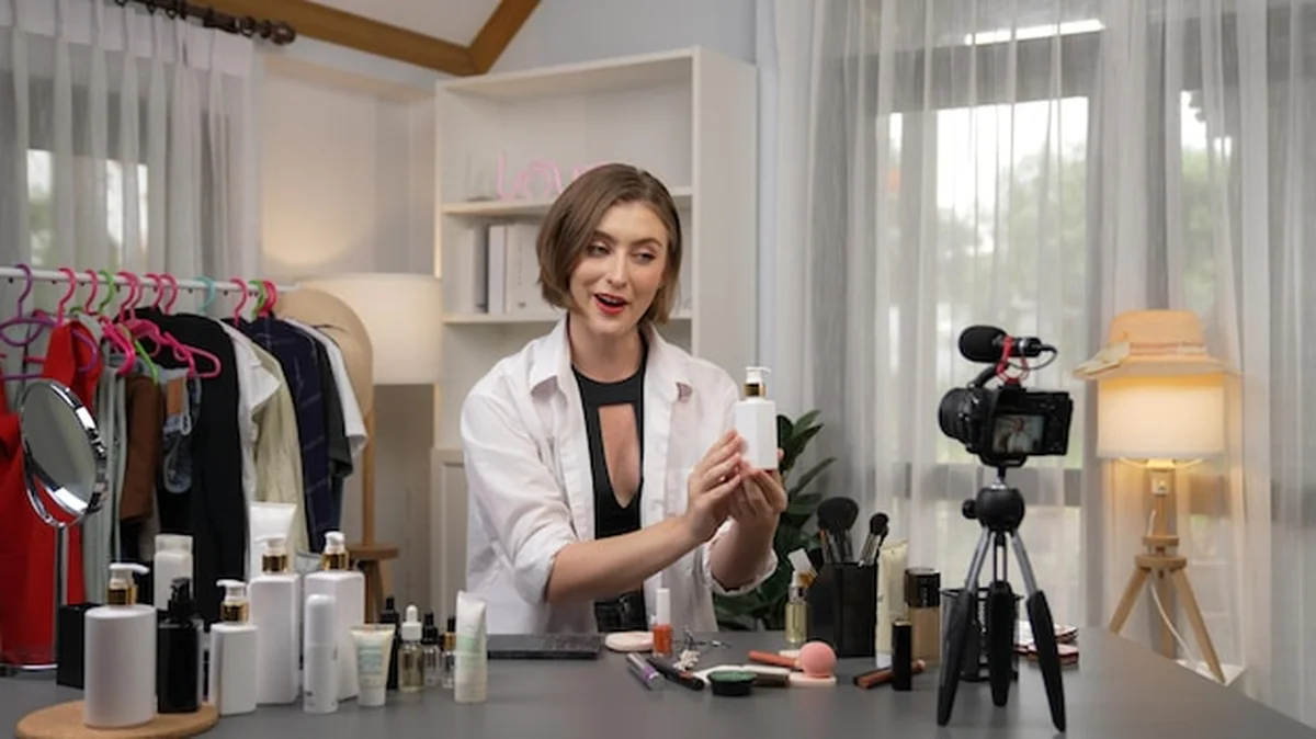 Kobieta influencer nagrywa vlog o pielęgnacji skóry w mediach społecznościowych