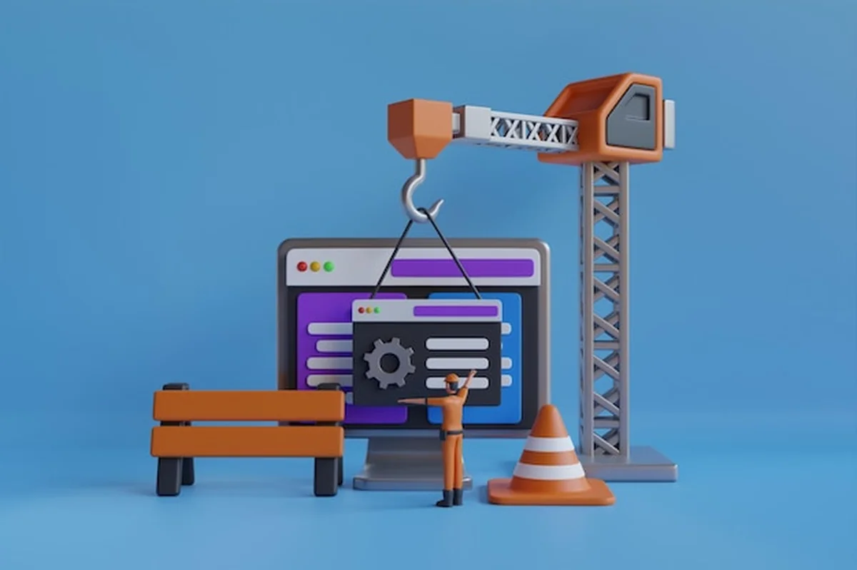 Ilustracja 3D strony internetowej w trakcie konserwacji