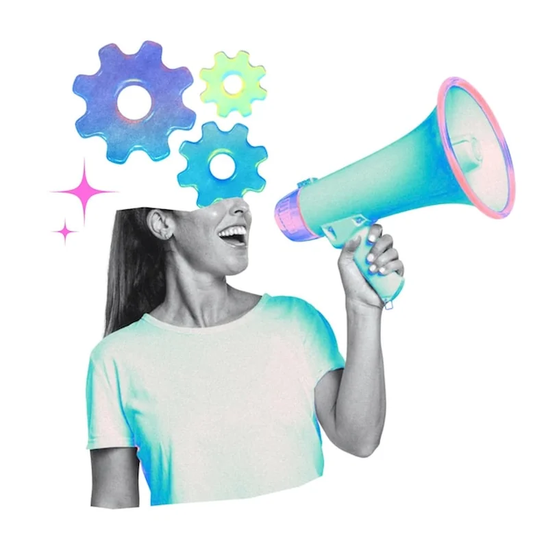 Kolaż z megafonem, kołem zębatym i kobietą na przejrzystym tle