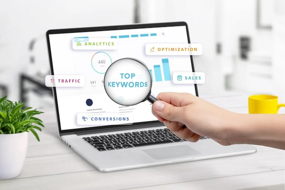Laptop z statystykami słów kluczowych i ikonami analizy