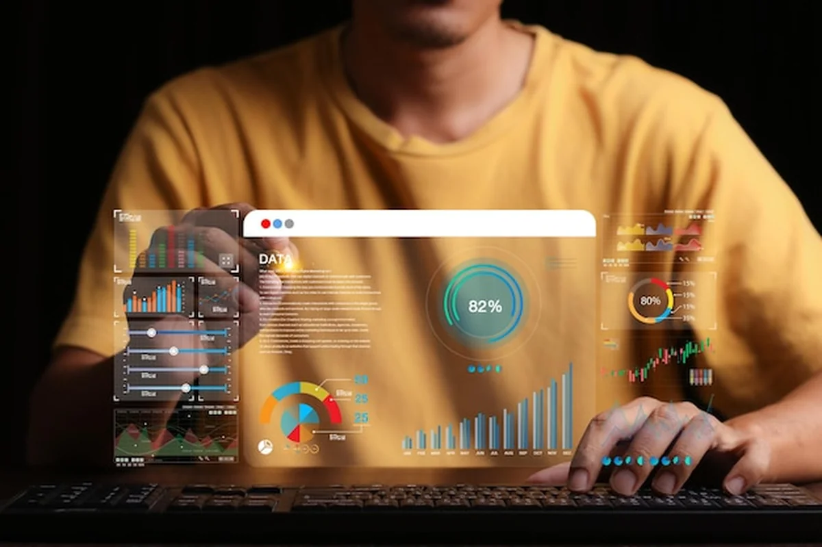 Analityk danych pracujący na desce rozdzielczej z wykresami KPI i metrykami finansowymi