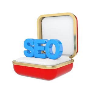 Niebieskie litery znak SEO w czerwonym pudełku na białym tle