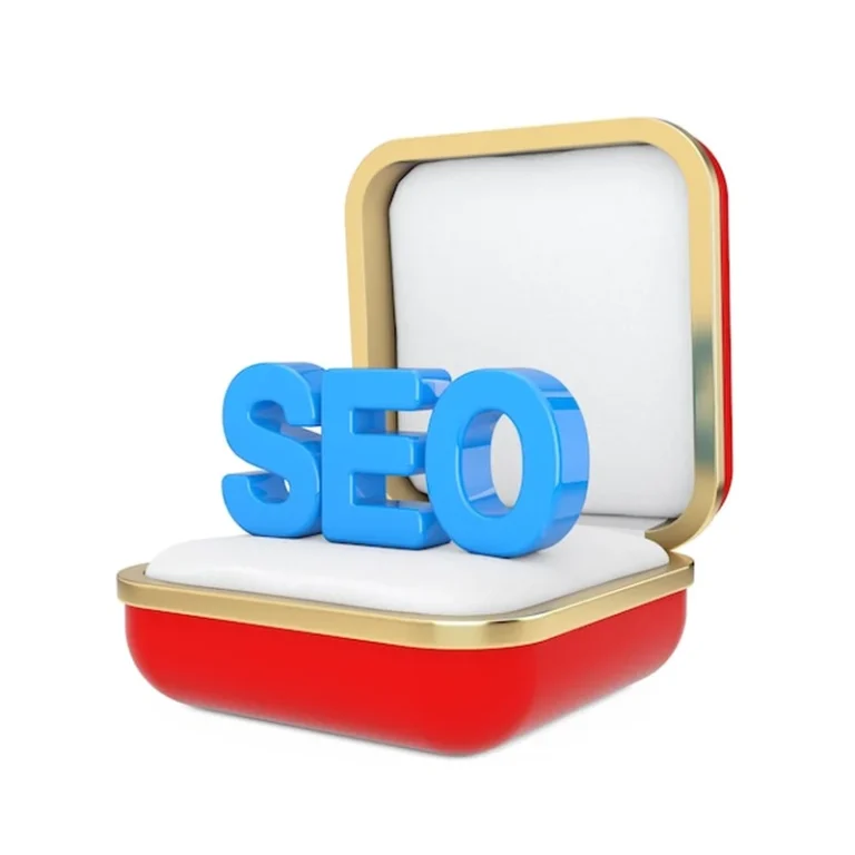 Niebieskie litery znak SEO w czerwonym pudełku na białym tle