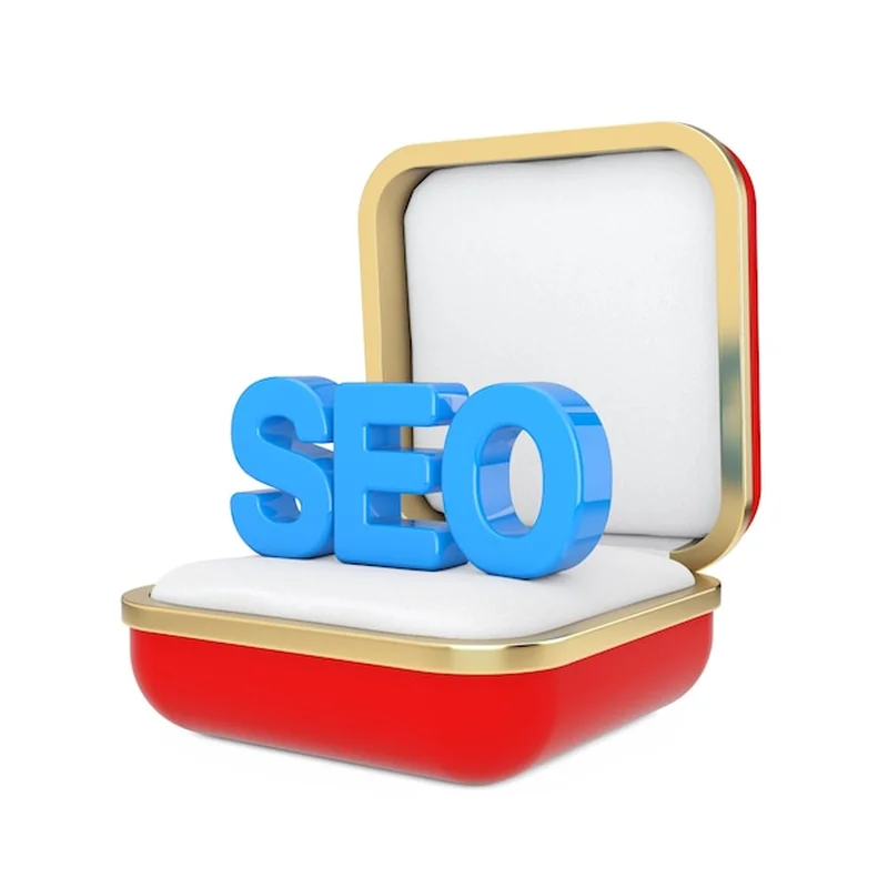 Niebieskie litery znak SEO w czerwonym pudełku na białym tle