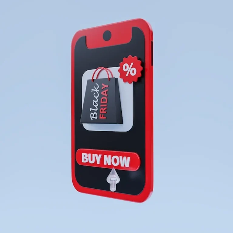 Koncepcja zakupów online z telefonem i czarną torbą na zakupy