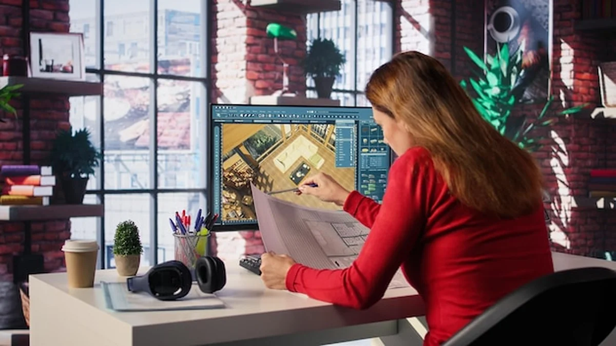 Projektant freelancer dekoruje plan piętra mieszkania na komputerze