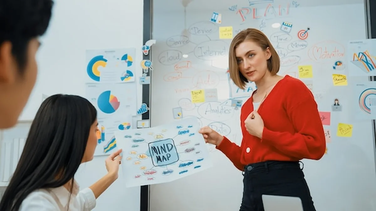 Młody lider prezentuje pomysł biznesowy na mapie umysłowej